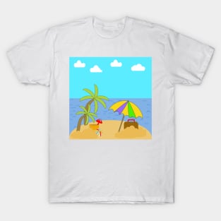 A vacation on a beach with palm trees, Ocean, sky and clouds with Umbrella, suitcase and beach toys. T-Shirt
